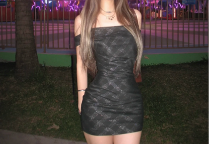 Black plaid one shoulder slim birthday party homecoming dress P3156