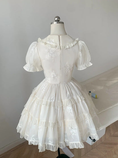 Princess doll collar heavy lace chest puff sleeve A-line homecoming dress P3168