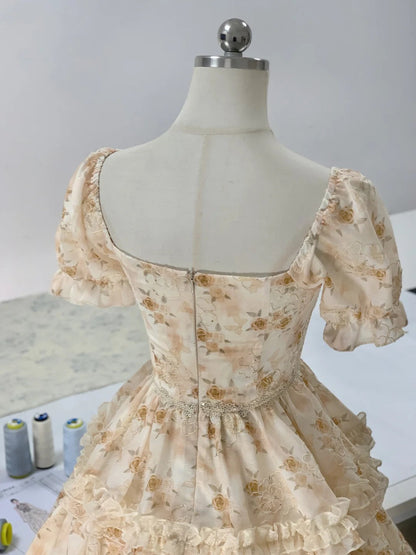 Sweet Floral Short Sleeve Mini Birthday Party Homecoming Dress P3172