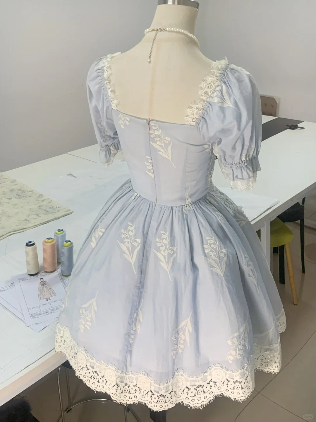 Princess light blue square neck short sleeves lace homecoming dress P3176