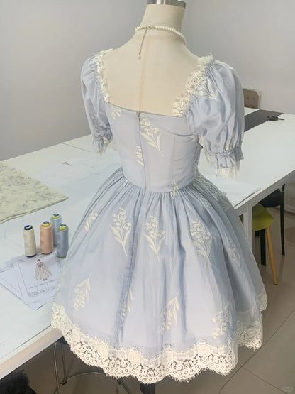 Princess light blue square neck short sleeves lace homecoming dress P3176