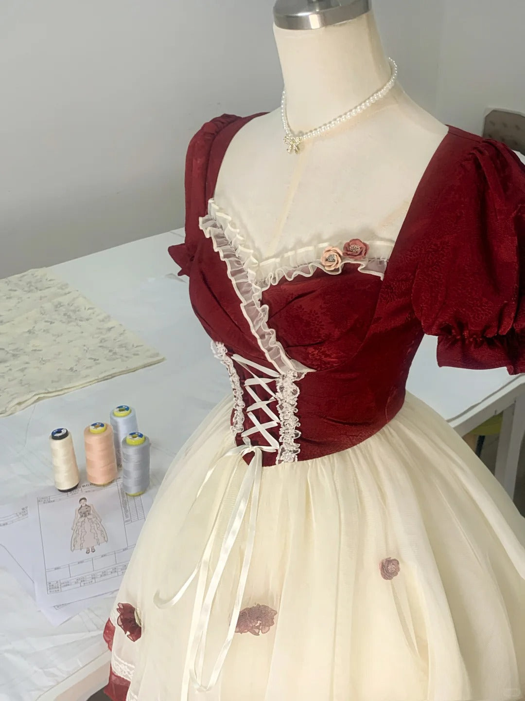 Rose Manor Burgundy and White Contrast Lace Trim Mesh Homecoming Dress P3178