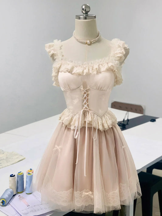 Sweet Princess Satin Splicing Fungus Lace Edge Waist Puffy Homecoming Dress P3180