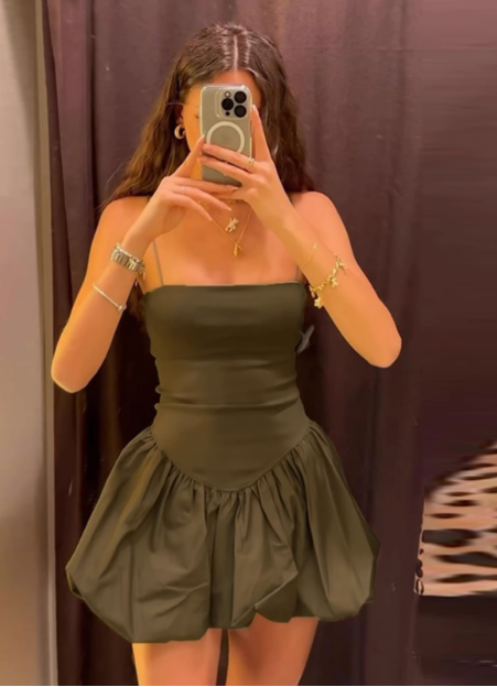 Sexy hot girl suspenders puffy waist A-line skirt birthday party homecoming dress P3214