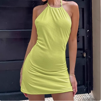 Sexy halterneck sleeveless yellow green backpack hip-revealing homecoming dress P3219