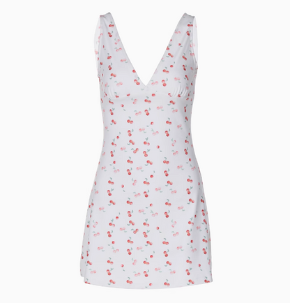 Cute Cherry Print V-Neck Sleeveless A-Line Birthday Party Homecoming Dress P3227