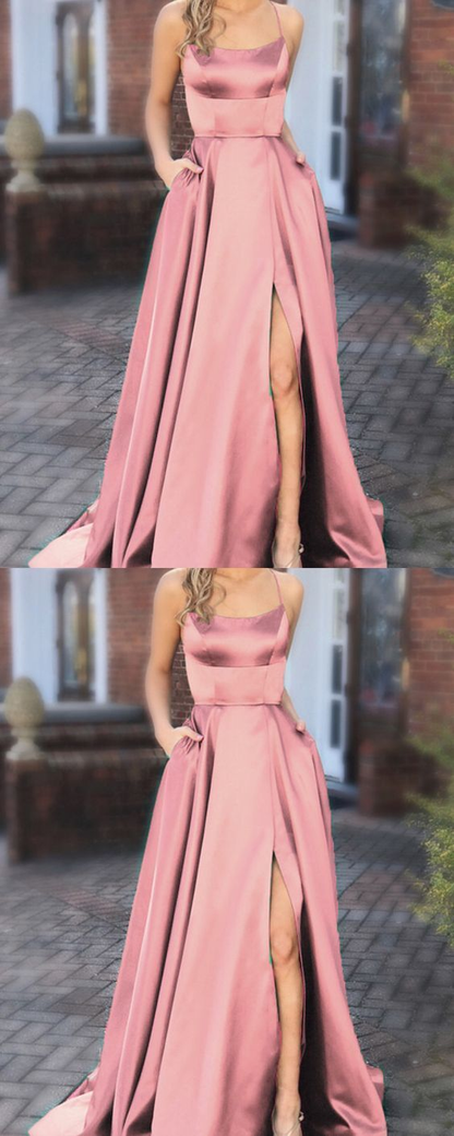 Unique Prom Dresses, dusty pink bridesmaid dresses,long satin bridesmaid dress P3242