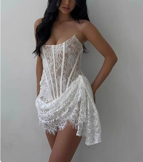 Lace fishbone one-shoulder tube top slim birthday party homecoming dress P3250
