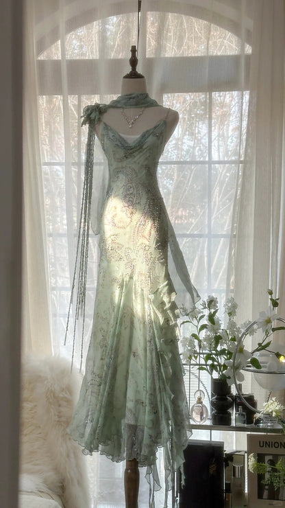 Flowy Light Green Strap Mermaid Chiffon Beaded Prom Dress P3252