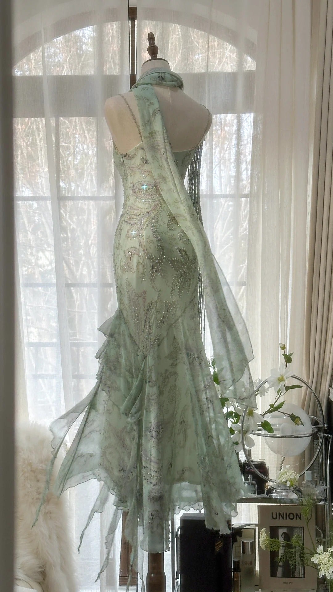 Flowy Light Green Strap Mermaid Chiffon Beaded Prom Dress P3252