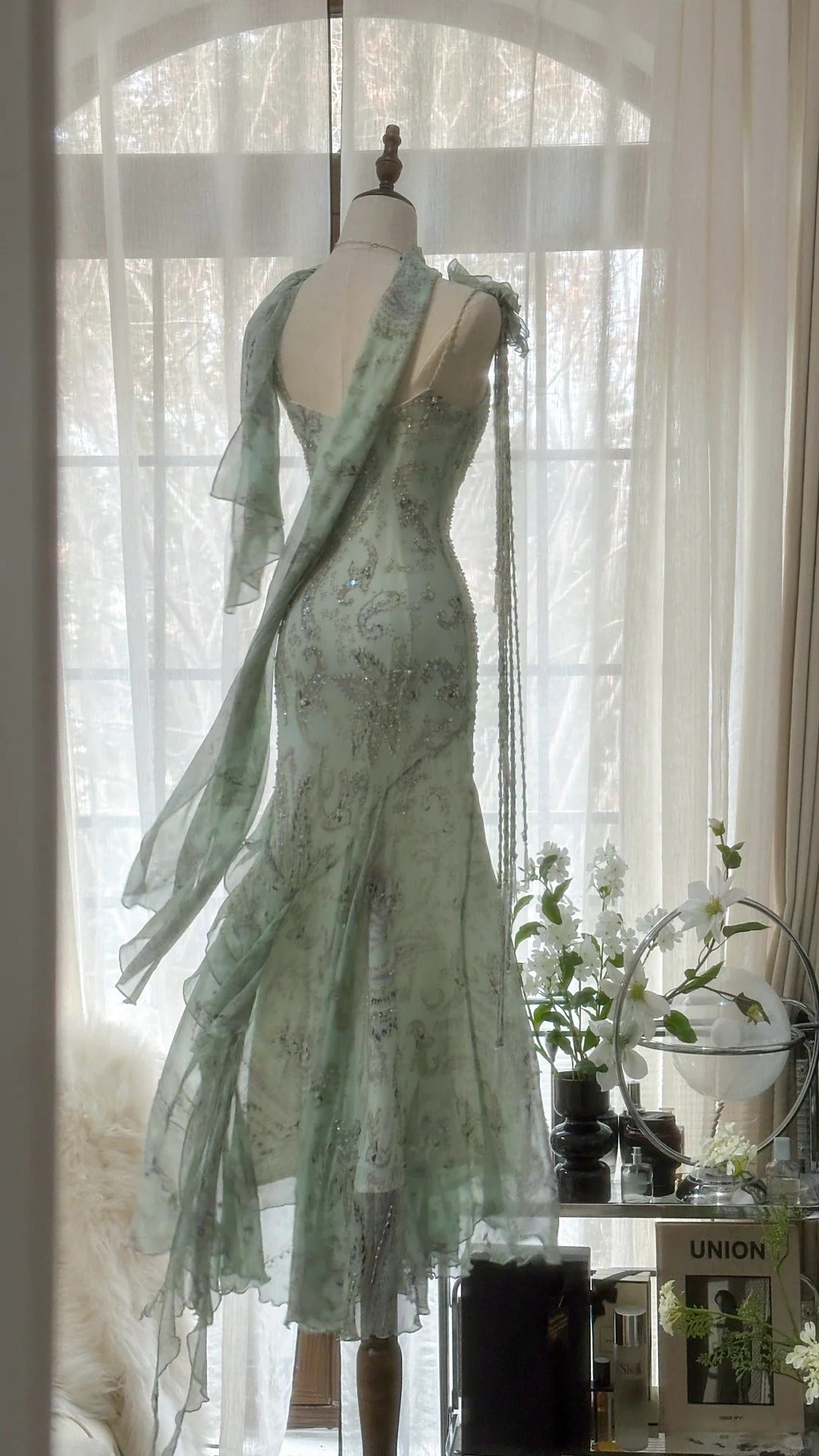 Flowy Light Green Strap Mermaid Chiffon Beaded Prom Dress P3252