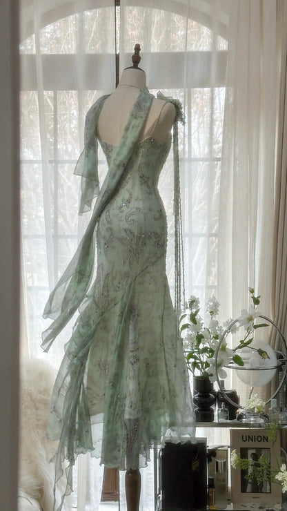 Flowy Light Green Strap Mermaid Chiffon Beaded Prom Dress P3252