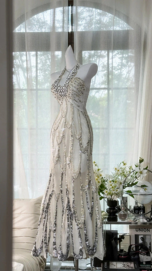 Vintage White Halter Off-The-Shoulder Beaded Prom Dress P3253