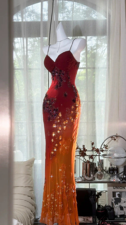 Vintage Orange Chiffon Strap Mermaid Beaded Evening Gown Prom Dress P3256