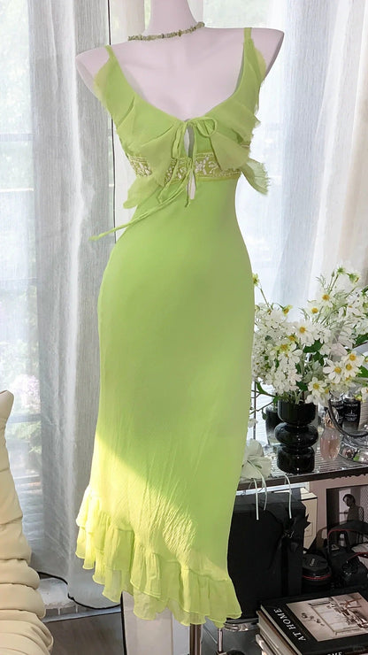 Simple Green Chiffon Mermaid Irregular Skirt Prom Dress P3257
