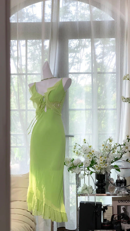 Simple Green Chiffon Mermaid Irregular Skirt Prom Dress P3257