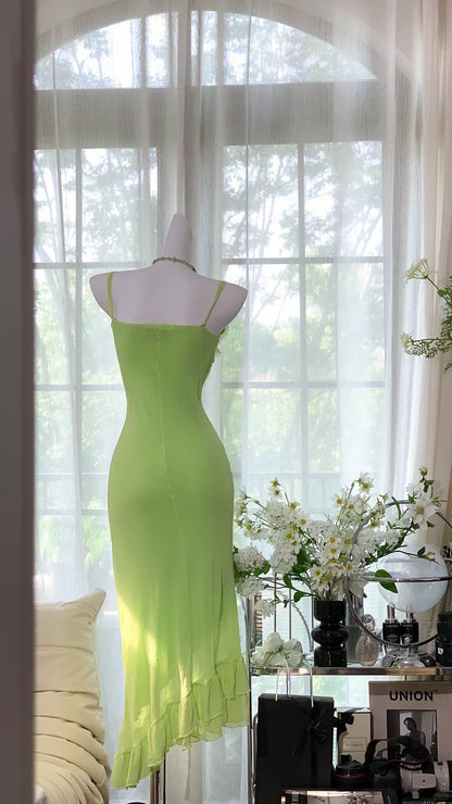 Simple Green Chiffon Mermaid Irregular Skirt Prom Dress P3257