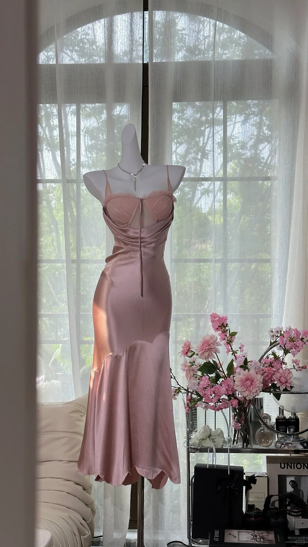 Gentle Pink Strap Satin Mermaid Evening Gown Prom Dress P3260