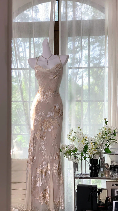 Elegant Light Pink Chiffon Printed Mermaid Evening Gown Prom Dress P3261