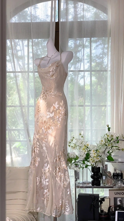 Elegant Light Pink Chiffon Printed Mermaid Evening Gown Prom Dress P3261