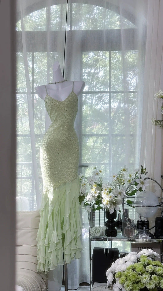 Fresh Green Beaded Chiffon Ruffled Prom Dress P3263