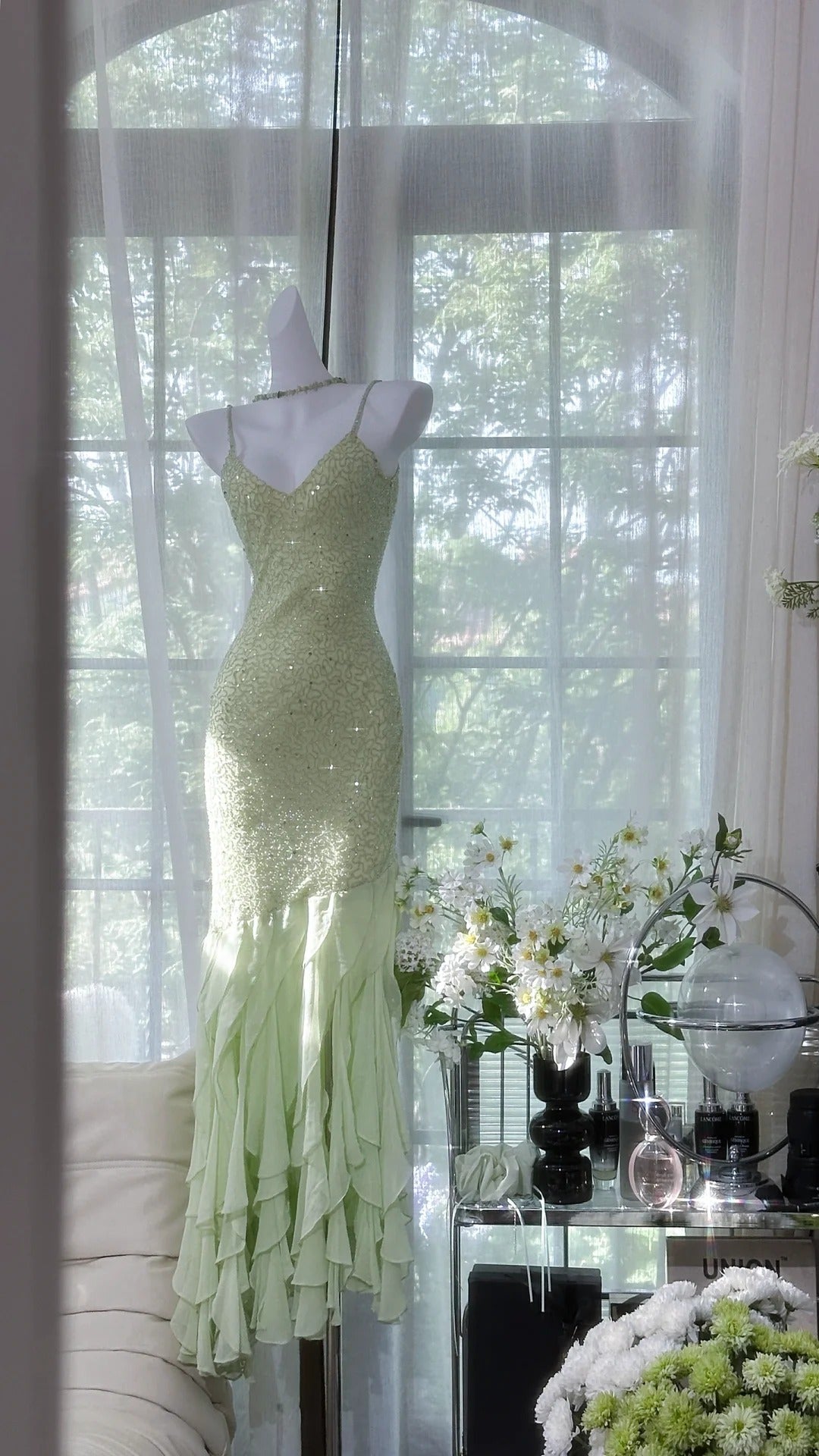 Fresh Green Beaded Chiffon Ruffled Prom Dress P3263