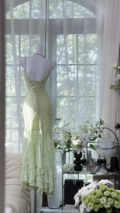 Fresh Green Beaded Chiffon Ruffled Prom Dress P3263