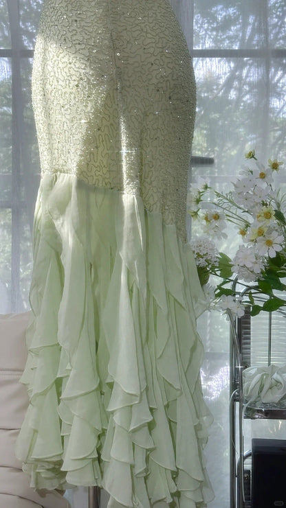 Fresh Green Beaded Chiffon Ruffled Prom Dress P3263