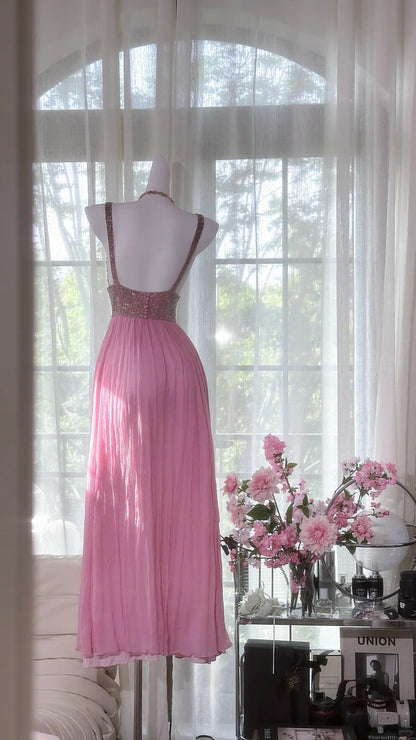 Vintage Beaded V-Neck Sequined Chiffon Backless Prom Dress P3265