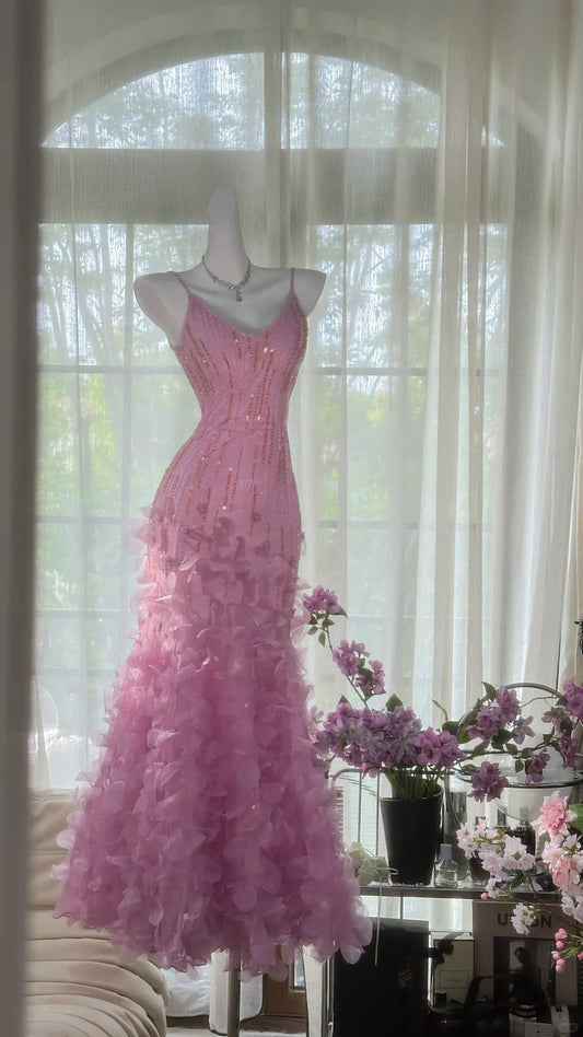 Vintage Pink V-Neck Beaded Mermaid Petal Skirt Prom Dress P3266