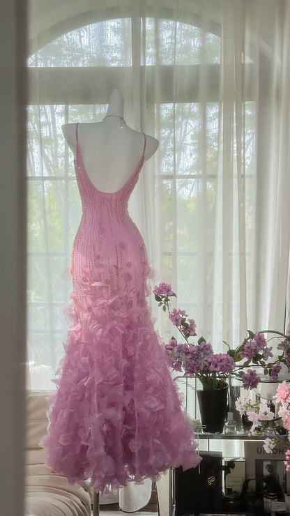 Vintage Pink V-Neck Beaded Mermaid Petal Skirt Prom Dress P3266