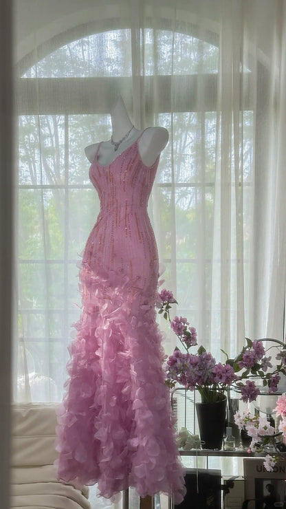 Vintage Pink V-Neck Beaded Mermaid Petal Skirt Prom Dress P3266