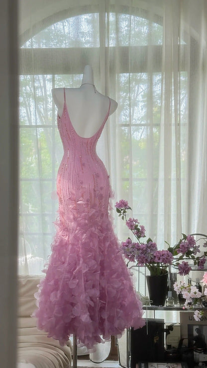 Vintage Pink V-Neck Beaded Mermaid Petal Skirt Prom Dress P3266
