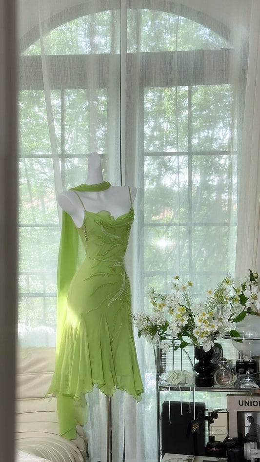 Fresh Green Chiffon Beaded Ribbon Prom Dress P3268