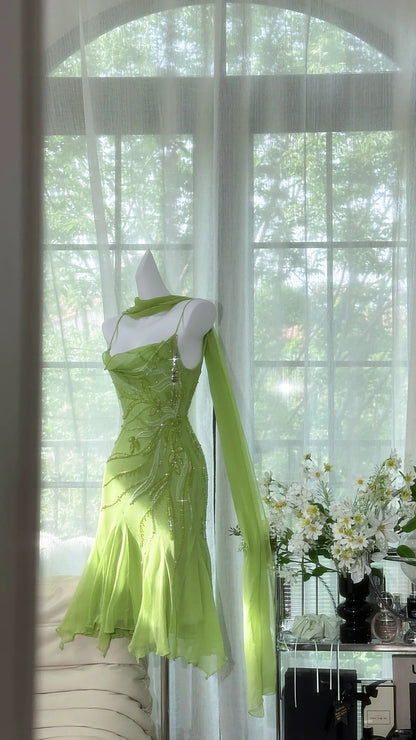 Fresh Green Chiffon Beaded Ribbon Prom Dress P3268