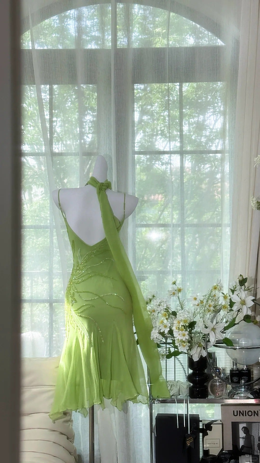 Fresh Green Chiffon Beaded Ribbon Prom Dress P3268