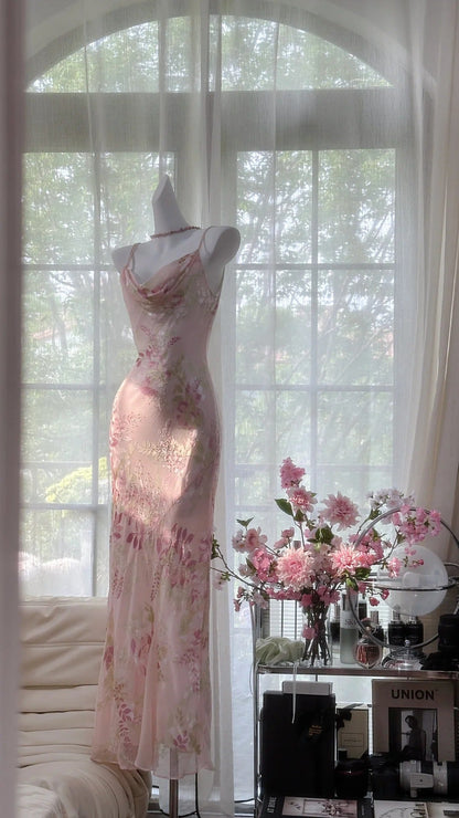 Elegant Printed Pink Chiffon Mermaid Evening Gown Prom Dress P3269