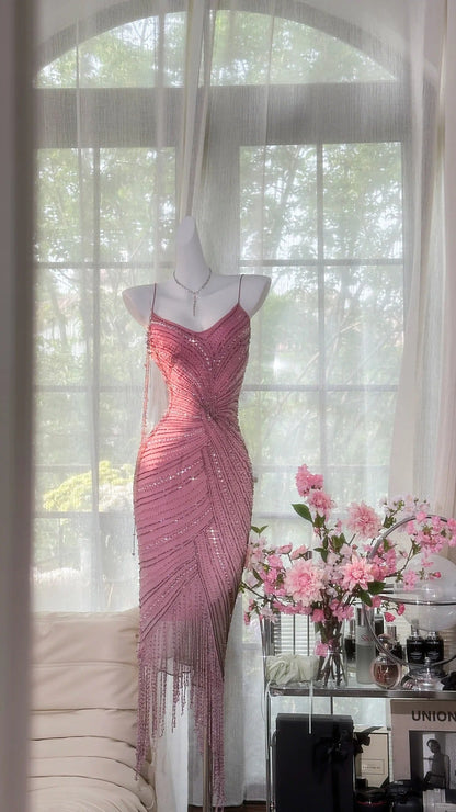 Luxurious Heavy Pink Tassel Beaded Mermaid Prom Dress P3270