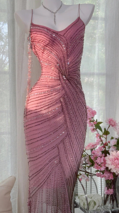 Luxurious Heavy Pink Tassel Beaded Mermaid Prom Dress P3270