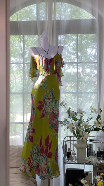 Vintage Oil Painting Green Printed Chiffon Mermaid Evening Gown Prom Dress P3273