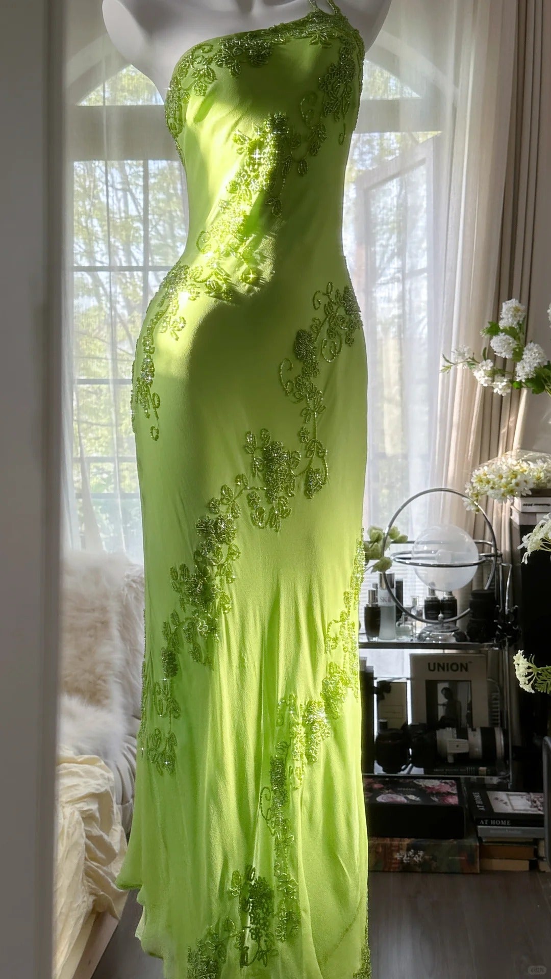 Fresh Green One Shoulder Chiffon Beaded Mermaid Evening Gown Prom Dress P3277