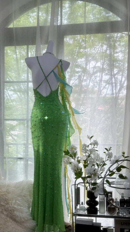 Shiny Full Beaded Heavy Green Mermaid Backless Evening Gown Prom Dress P3278