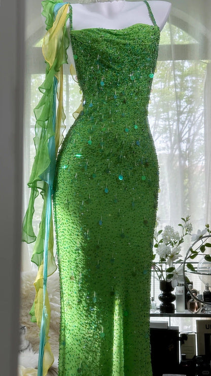 Shiny Full Beaded Heavy Green Mermaid Backless Evening Gown Prom Dress P3278