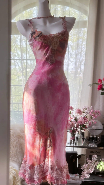 Elegant Rose Oil Painting Gradient Pink Mermaid Prom Dress P3279