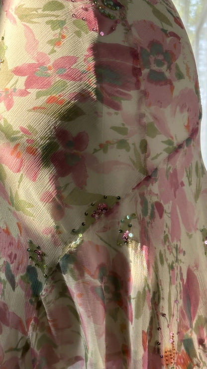 Flowing Chiffon Sequin Print Pink Irregular Skirt Prom Dress P3280
