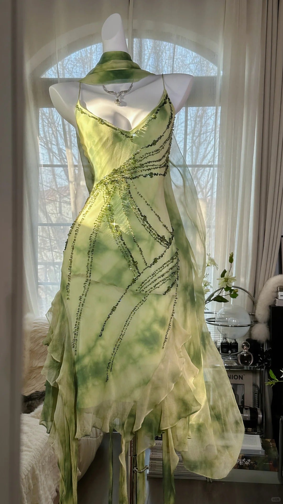 Fresh Rendering Green Beaded Chiffon Irregular Skirt Prom Dress P3289