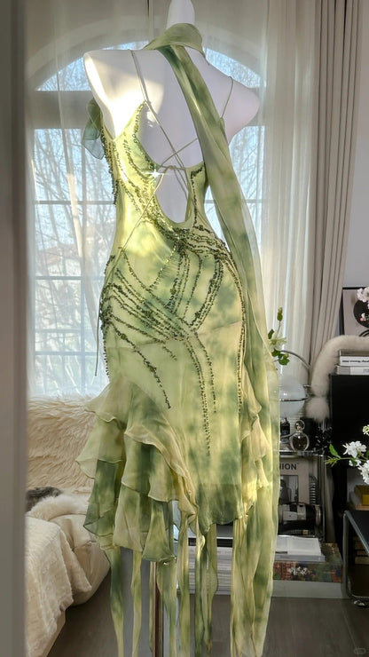 Fresh Rendering Green Beaded Chiffon Irregular Skirt Prom Dress P3289