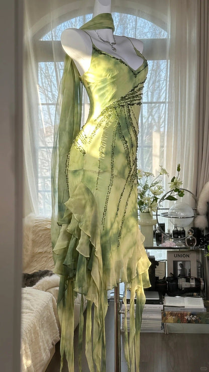 Fresh Rendering Green Beaded Chiffon Irregular Skirt Prom Dress P3289