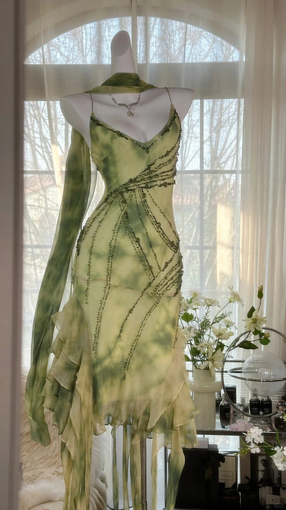 Fresh Rendering Green Beaded Chiffon Irregular Skirt Prom Dress P3289