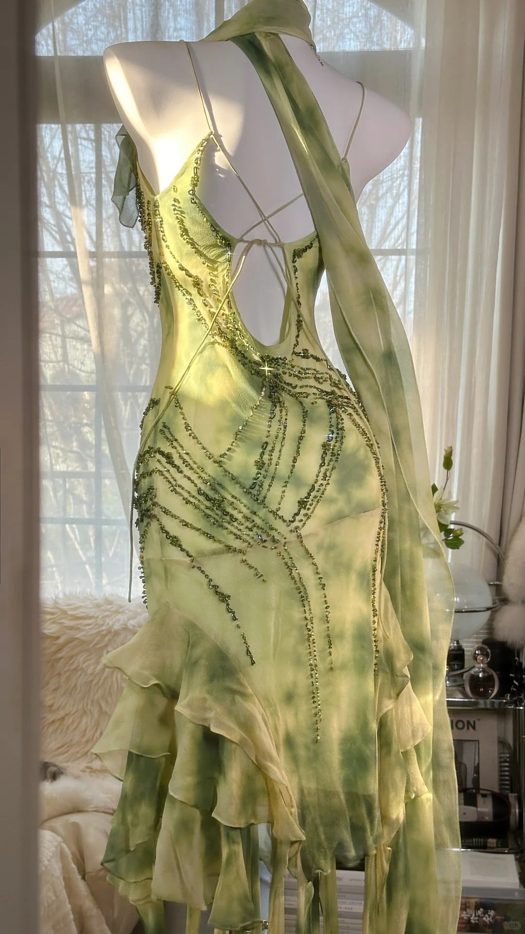 Fresh Rendering Green Beaded Chiffon Irregular Skirt Prom Dress P3289